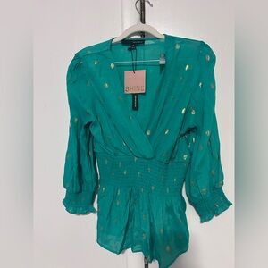 Harve Benard Teal Blouse with Gold Dot Accents